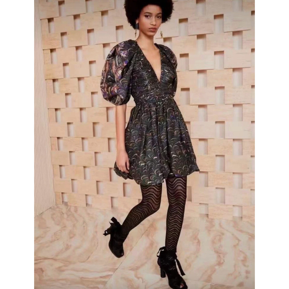 $795 Ulla Johnson Women's Black Abstract Print Puff Sleeve A-Line Dress Size 6‎